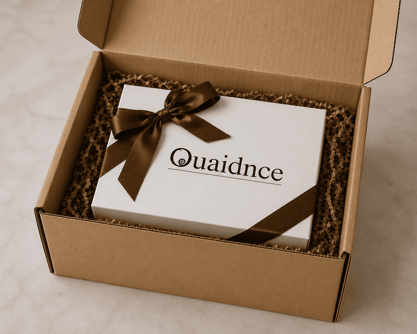 A white gift box with "Quaidnce" on top, tied with a brown satin ribbon, rests inside an open cardboard box with brown paper filler, on a marble surface.