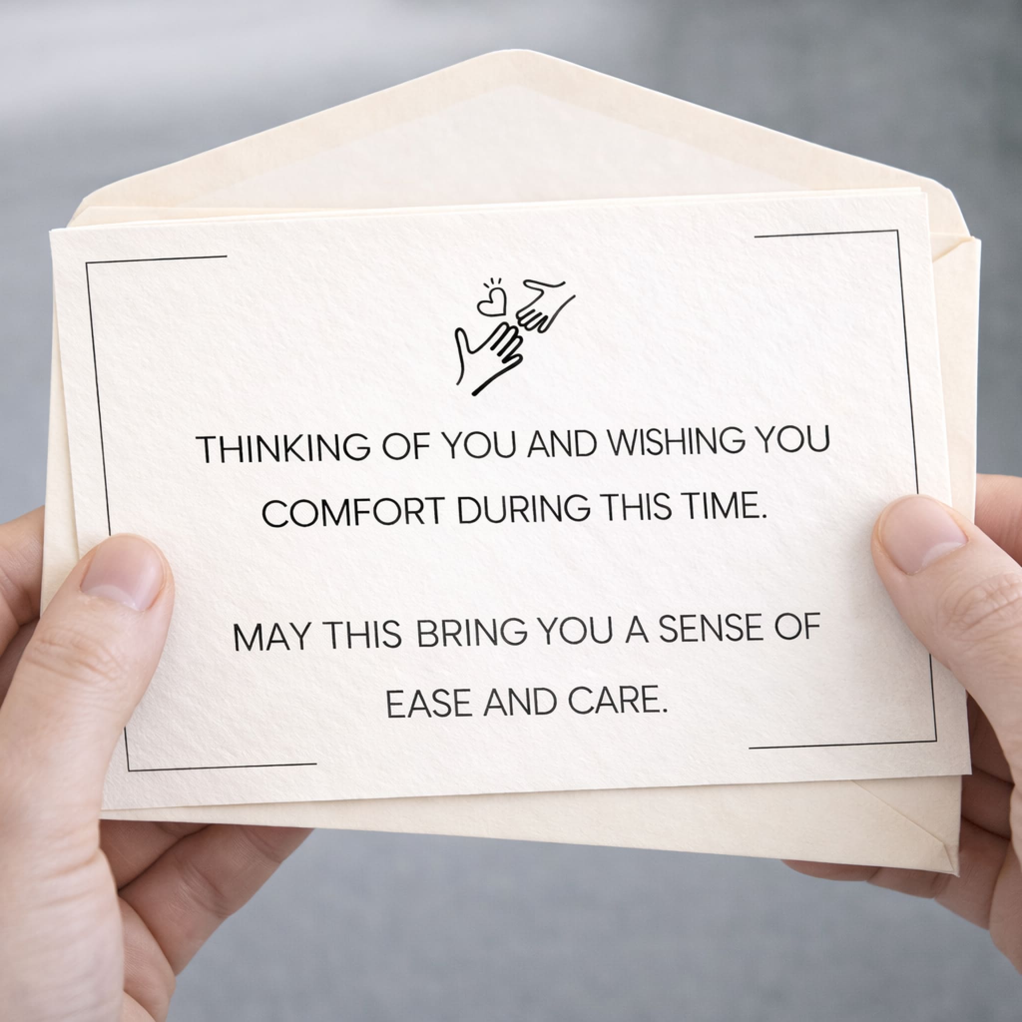 Card with message of comfort held by hands against a neutral background