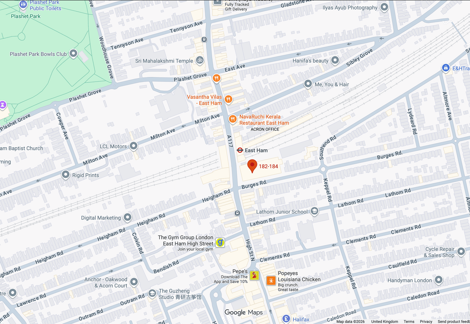 Map of a city street with various locations marked, including restaurants and landmarks.
