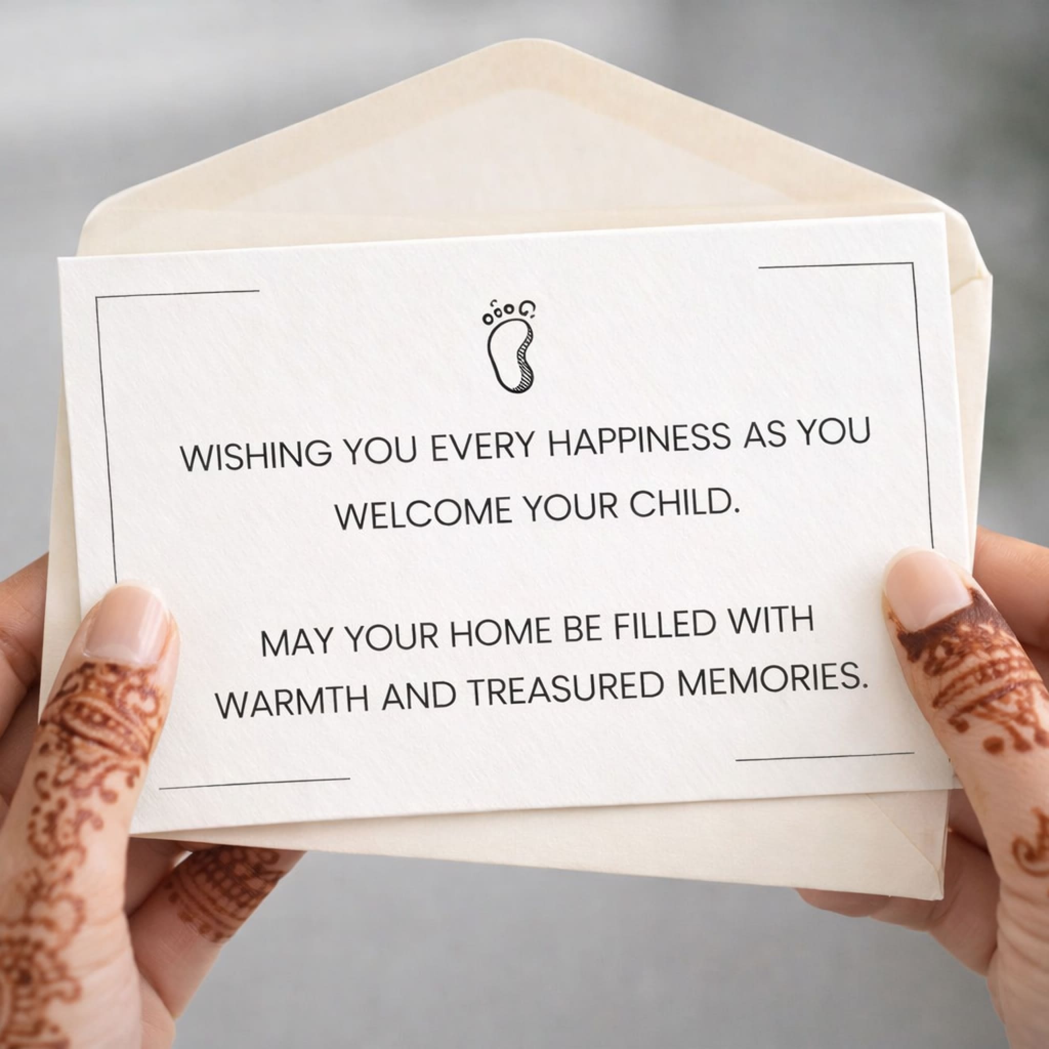 Hand holding a card with a message of congratulations on welcoming a child, against a neutral background.