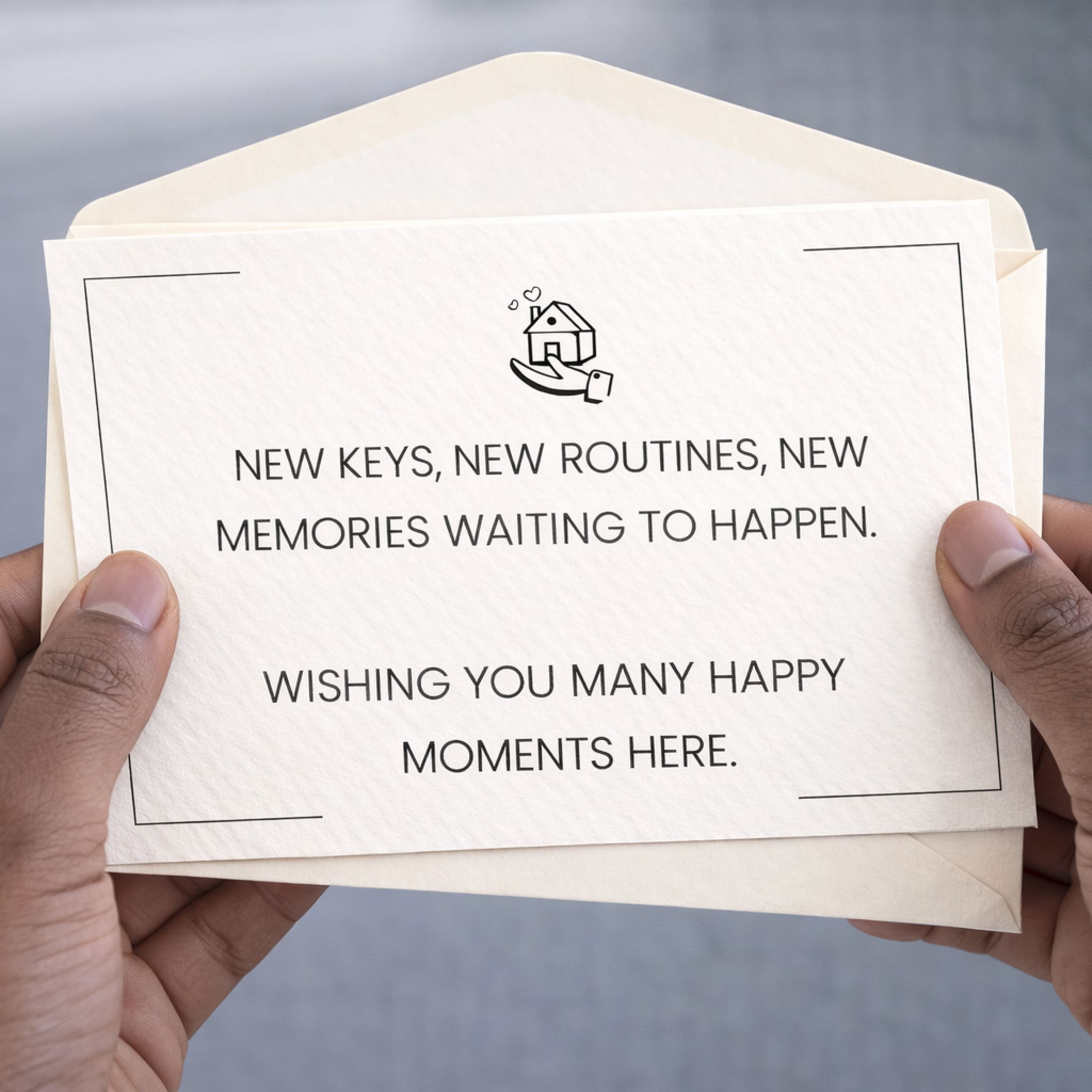 Hand holding a card with a message inside an open envelope against a gray background