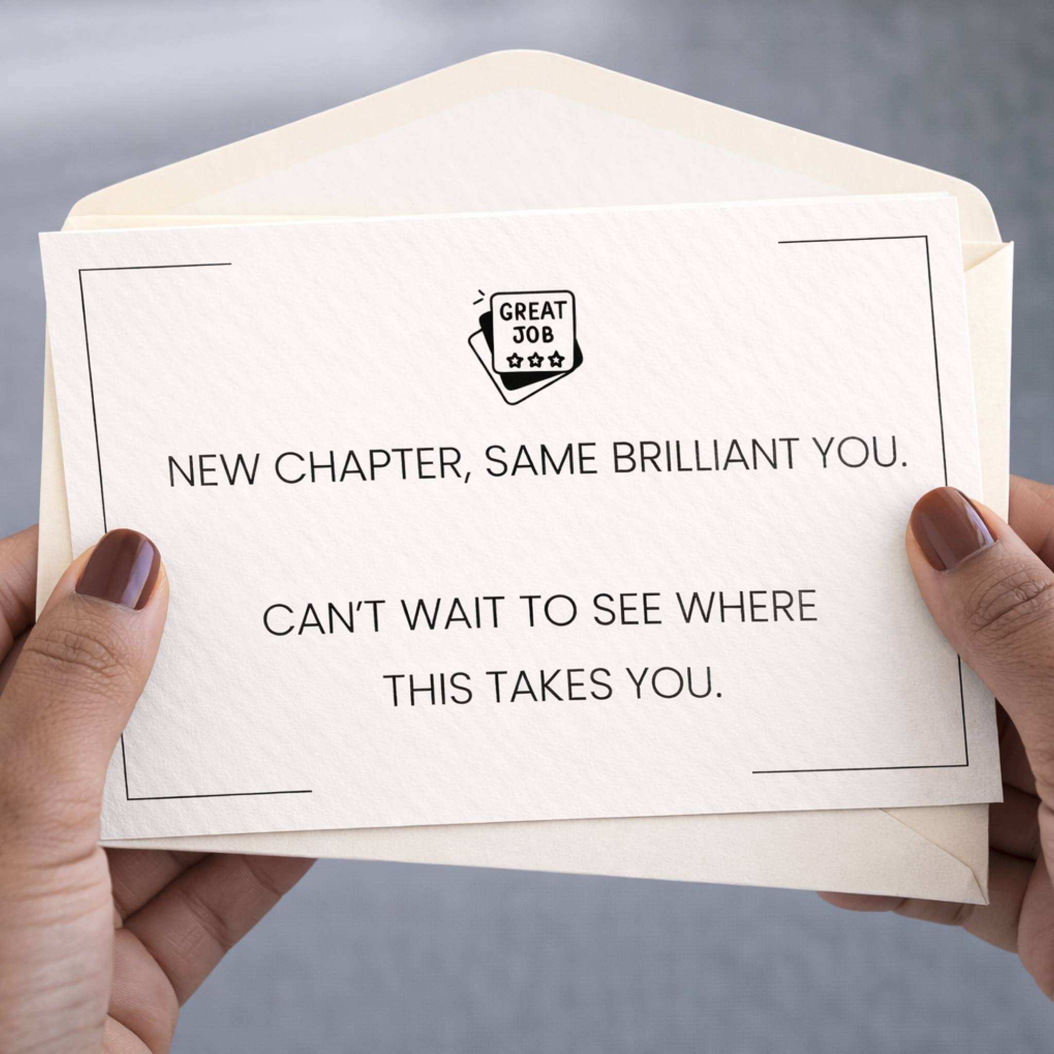 Hand holding a card with motivational message and 'Great Job' logo.