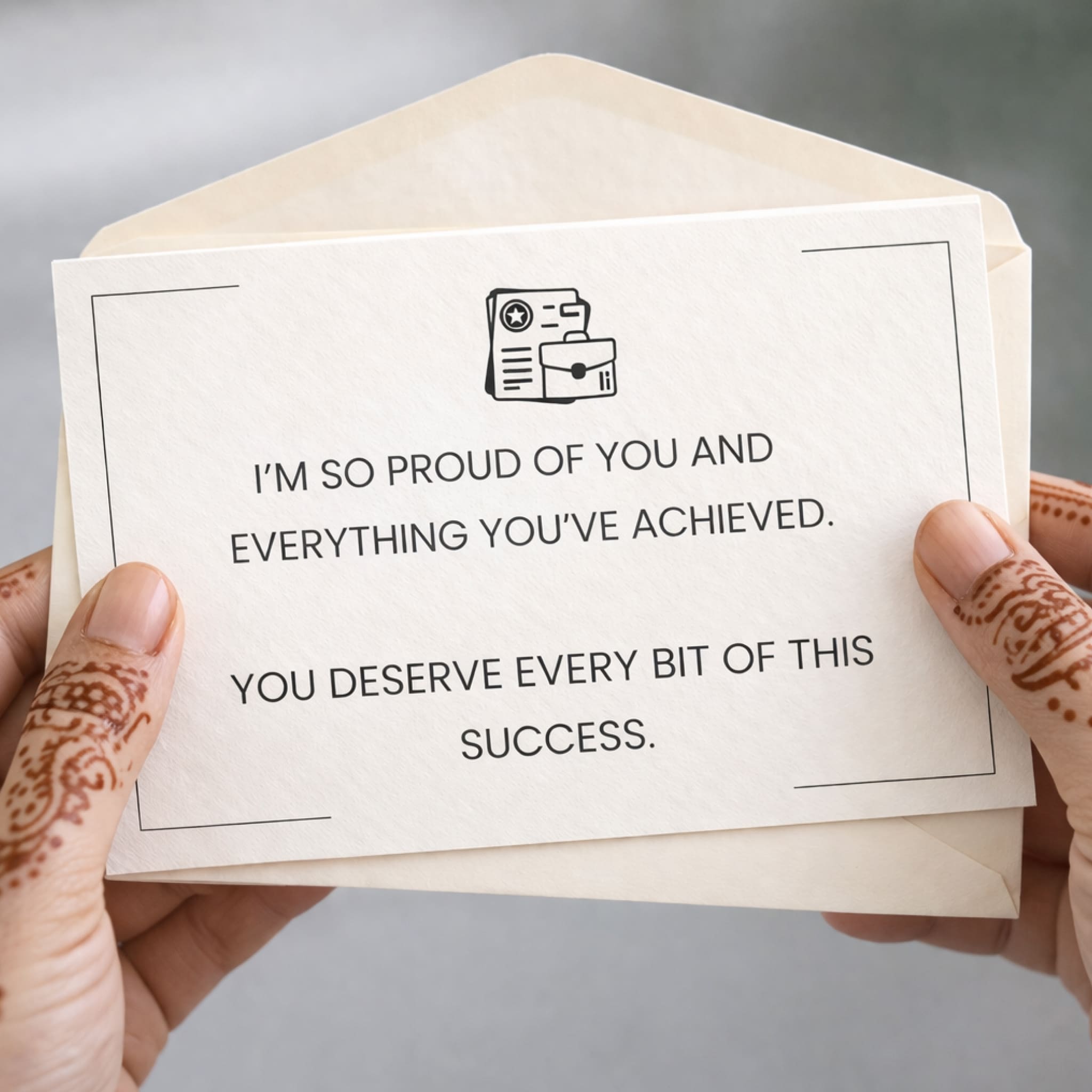 Hand holding a card with motivational message and envelope