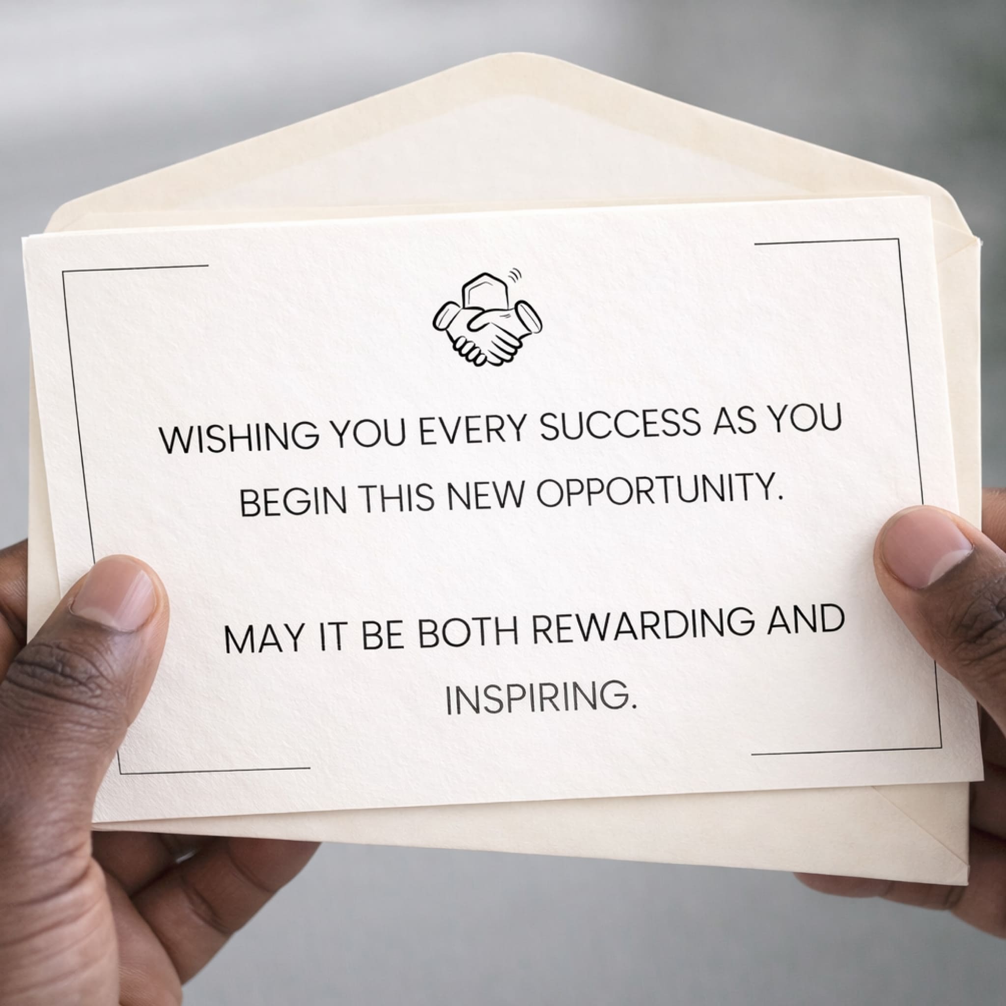 Hand holding a card with a congratulatory message and handshake symbol.